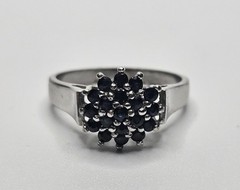 Vintage 925 Sterling Silver Dark Sapphire Cluster Deco Style Ring Size 8.5in