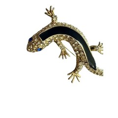 Vintage Gold Tone Salamander Brooch with Blue Rhinestones & Enamel missing one