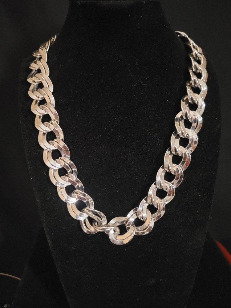 Vintage Chunky Double Curb Link Necklace Silver Tone Thick HEAVY 17″