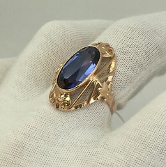 USSR Vintage Rose Gold Blue Sapphire (lab. made) Ring 583 14K 5.14 g. 6,5 US