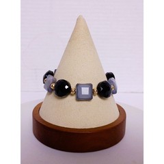 Smoky Gray and Black Faceted Fancy Glass Beaded with Gold Tone Accents Bracelet