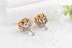 Vintage HOBE Citrine Orange Rhinestone Pearl Cluster Dome Screw Back Earrings