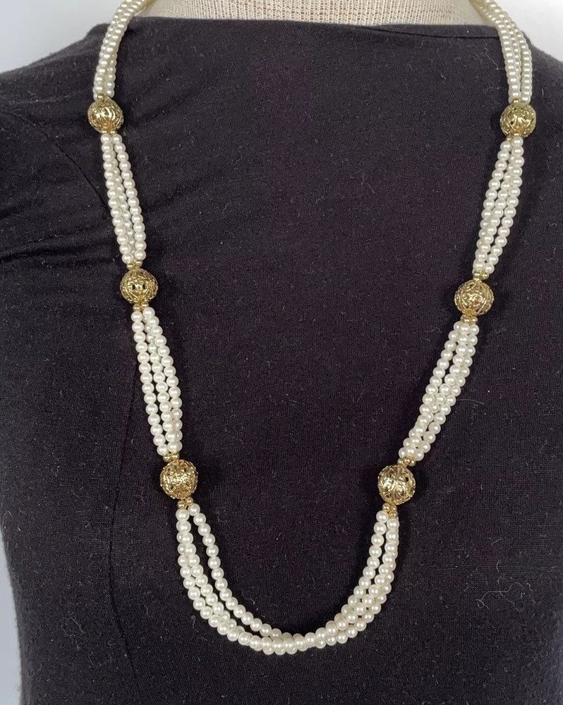 Trifari TM Vintage 3-Strand Faux Pearl with Gold Accents Jewelry Necklace 15”
