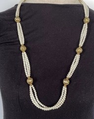 Trifari TM Vintage 3-Strand Faux Pearl with Gold Accents Jewelry Necklace 15”