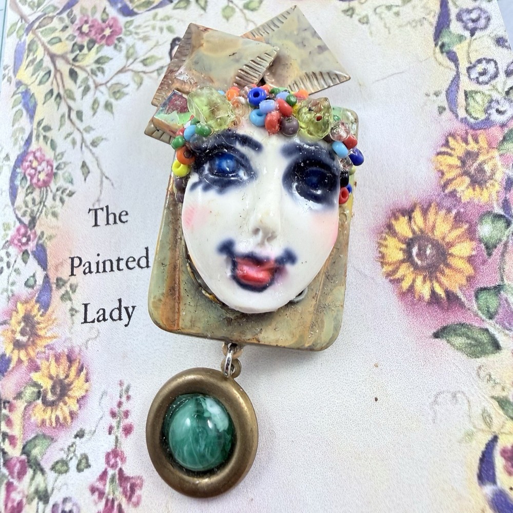 Vintage 1980s THE PAINTED LADY One of Kind Artisan Designer Brooch On Org Card