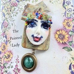 Vintage 1980s THE PAINTED LADY One of Kind Artisan Designer Brooch On Org Card