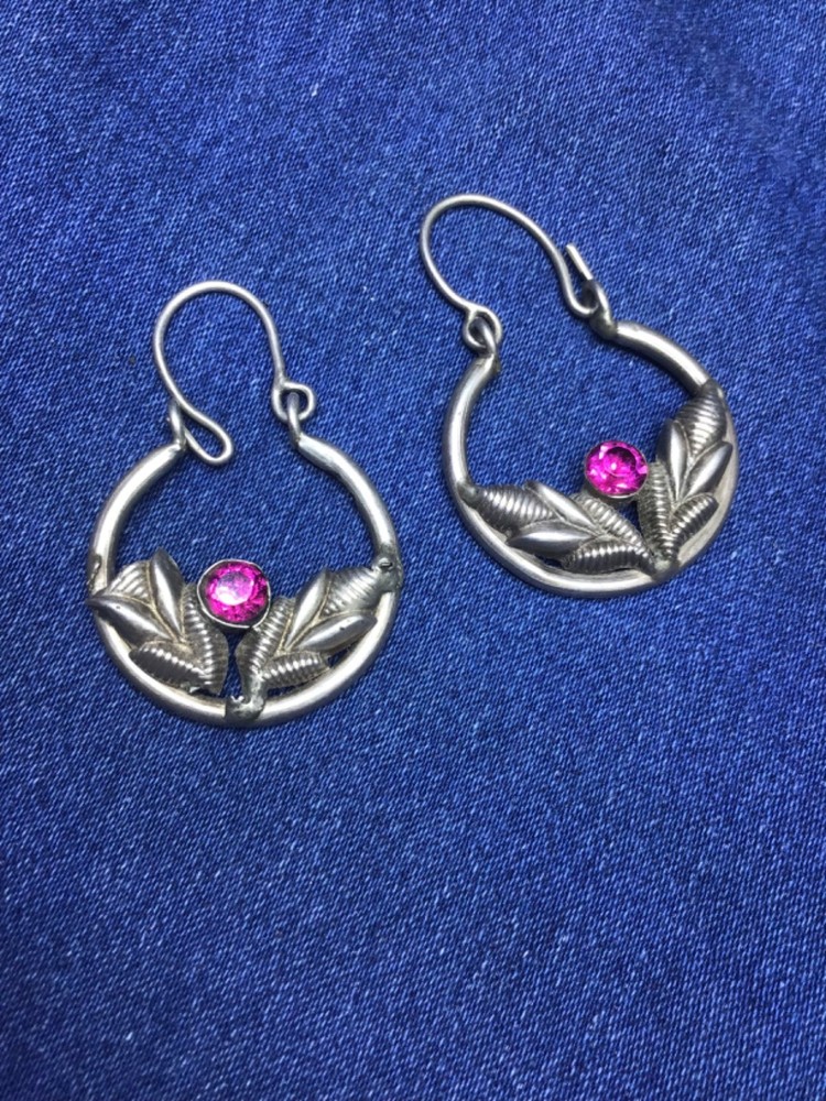 Vintage Hazara Silver Earrings 8.7g Pink Glass Stone Tribal Ethnic Hoop Drop