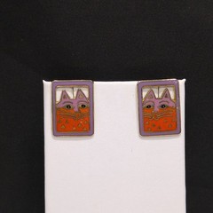 Vintage Laurel Burch “Mallory’s Cat” Post Earrings, Gold Plated, Cloisonne