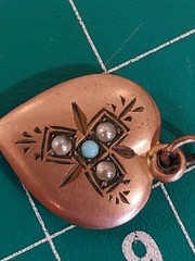 Vintage Victorian Gold Color Heart Pendant Turquoise Seed Pearl 0.6 x 0.75 inch