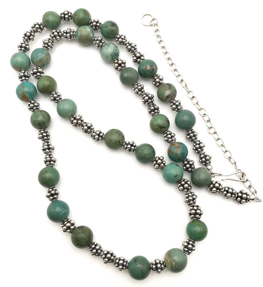 32.8g Handmade Sterling Silver & 8mm Green Turquoise Necklace 20″ #55