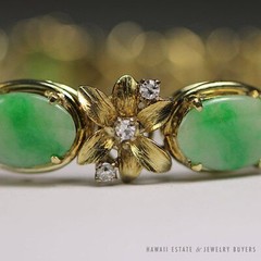 Vintage Burmese Jadeite Jade & Diamond Floral 14k Yellow Gold Bracelet w/ Papers