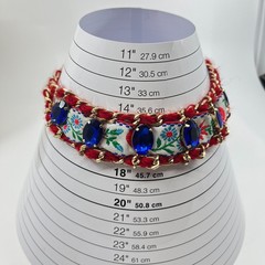 VTG Boho Red Woven Chain Collar Necklace Blue Rhinestone Floral Ribbon Statement