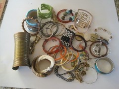 Costume Jewelry 2 Lb Bracelets Brass Arm Band Leather Plastic Wood Beads Retro#9