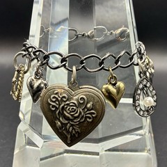 Vintage Bracelet & Charms of Mixed Metals Black: Hearts, LOCKET, Prayer Box, Dog