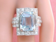 ESTATE ART DECO 10ct AQUAMARINE 1.35ctw DIAMOND PLATINUM STATEMENT COCKTAIL RING