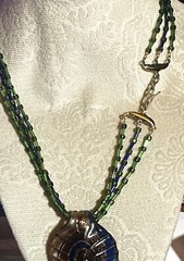 Vintage Paisley Peacock Glass Pendant on Iridescent green glass necklace 18 inch