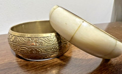 Vintage 1″ Brass Engraved Bangle & 1/2″ Bone And Brass Bangle Boho Chic Bracelet