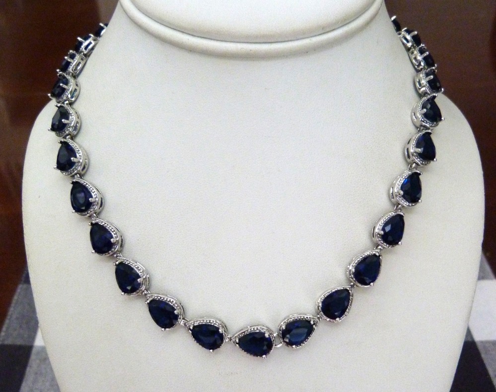 PRONG-SET SAPPHIRE BLUE PEAR SHAPED GLASS SILVER RHODIUM PLATED CLASSIC NECKLACE