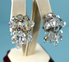 Vintage AB Crystal Glam Cha Cha Beaded Clip On Dangle Drop Earrings 1.3″