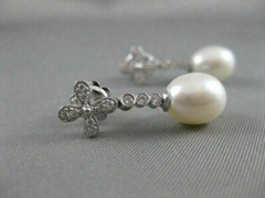 ANTIQUE DIAMOND 11M OVAL SEA PEARL 14K WHITE GOLD HANGING FILIGREE EARRINGS #836