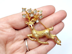 Vintage Signed Mamselle Rhinestone Leaping Reindeer Christmas Holiday Brooch Pin