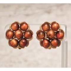 Vintage Clip On Earrings Stunning Darky Orangey Brown & Gold Tone Stylish Flower