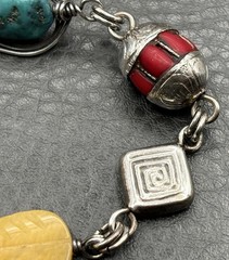800 Silver Feather Charm Link Bracelet Turquoise Jade Coral Boho 8”