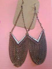 Vintage Dangle Earrings Antique Bronze Tone Chain And Clear Stones Detail