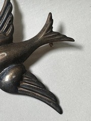Vintage Sterling Silver Flying Swallow Bird Brooch Pin Red Glass Rhinestone Eye