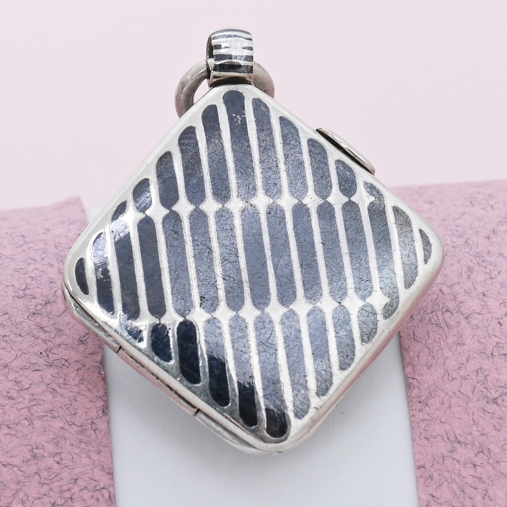 Antique Victorian Niello Silver Unique Striped Double Sided Charm Pendant Locket