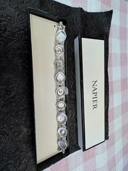 Vintage Napier Abalone Glass Jeweled Rhinestone Enamel 7” Silver Tone Bracelet