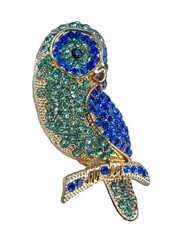 Vintage Gold Tone Owl Brooch Blue & Green Rhinestone Crystal Bird Pin Statement