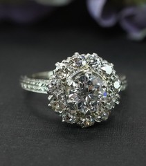 GIA Edwardian Platinum Old European Diamond Engagement Halo Ring 1.57ct