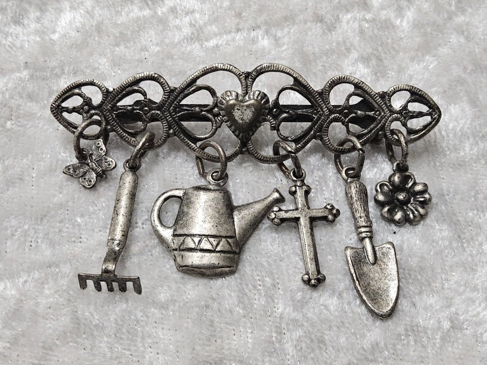 Antique Grow In Grace Silver Tone Charm Brooch Pin 1.5in