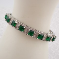 VTG Princess Cut Simulated Emerald Clear CZ Silver Tone 6 1/4″ Hinged Bangle