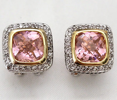 Vintage Crystal CZ Pink Topaz Gold & Silver Tone Detail Earrings & Pendant Set
