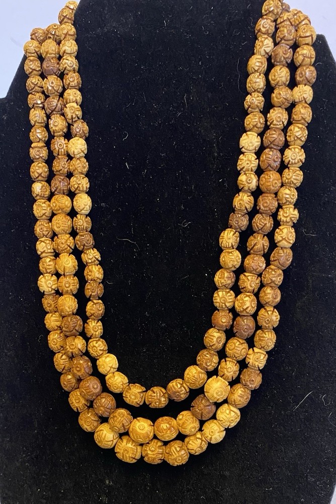 Antique Asian Hand Carved Lotus Bead Necklace Triple Tiered Dyed Bovine Bone