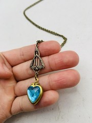 Vintage Art Nouveau Lavalier Pastel Blue Mini Heart Love Photo Locket Necklace