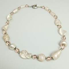 Vintage Light Pink Glass Beaded Necklace with Oversized Spring Ring, Silver Tone