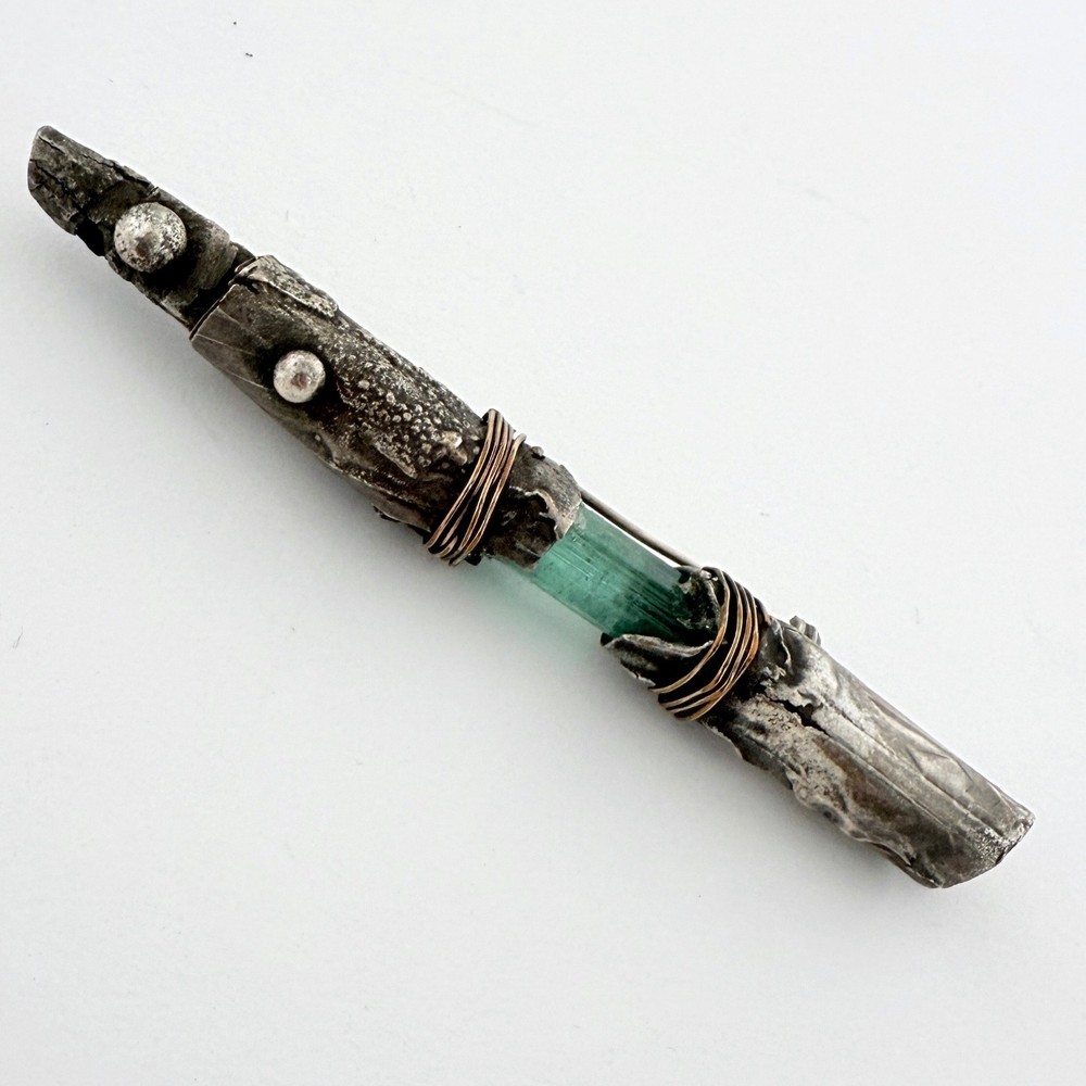 vintage Modernist reticulated sterling, bronze and tourmaline crystal bar brooch