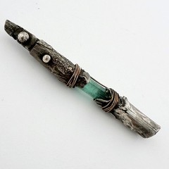 vintage Modernist reticulated sterling, bronze and tourmaline crystal bar brooch