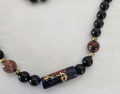 Vintage Chinese Blue Porcelain Cloisonne Black Hand Knotted Bead Necklace 28″