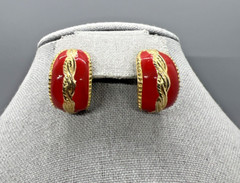 Vintage Red Enamel Gold Tone Post Earrings Statement Wavy Twist Design Bold 80s
