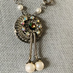 VINTAGE silver tone CRYSTAL AB rhinestone DROP NECKLACE chain SPARKLY Faux pearl
