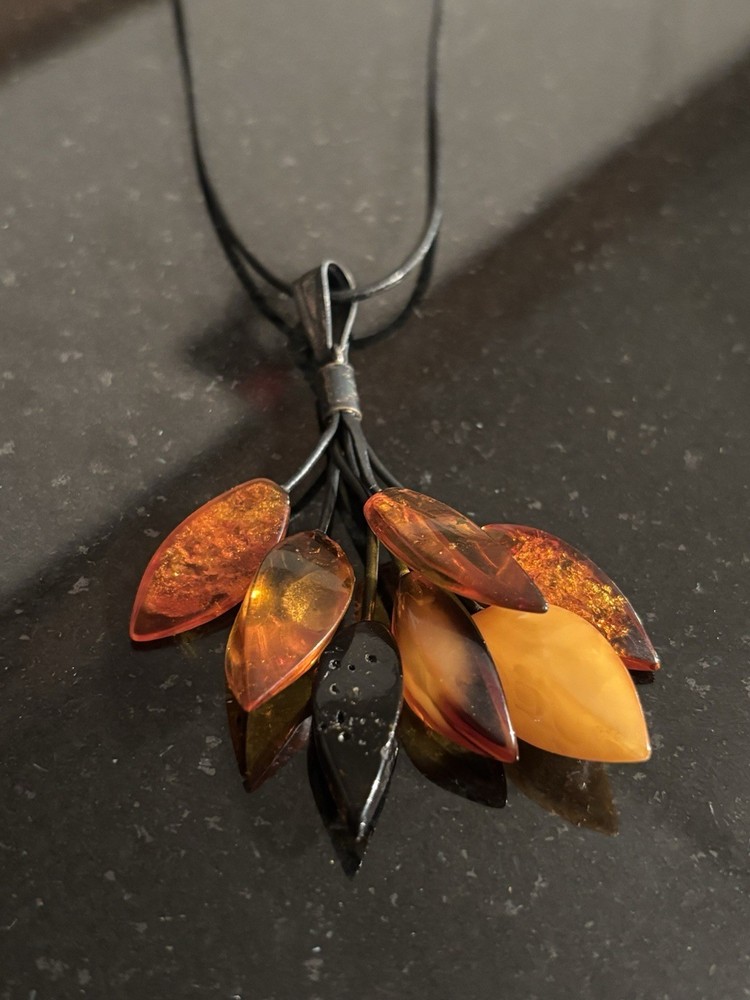Baltic Amber Tassel Necklace 925 Sterling Silver On Leather Cord Vintage