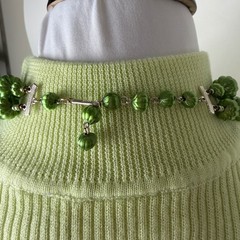 Vintage Japan Double Strand Green Ribbed & Champagne Satin Bead Necklace 18in