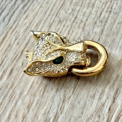 Vtg Green Eyed Cat Cougar Jaguar Statement Necklace Clasp Gold Tone Missing Gems