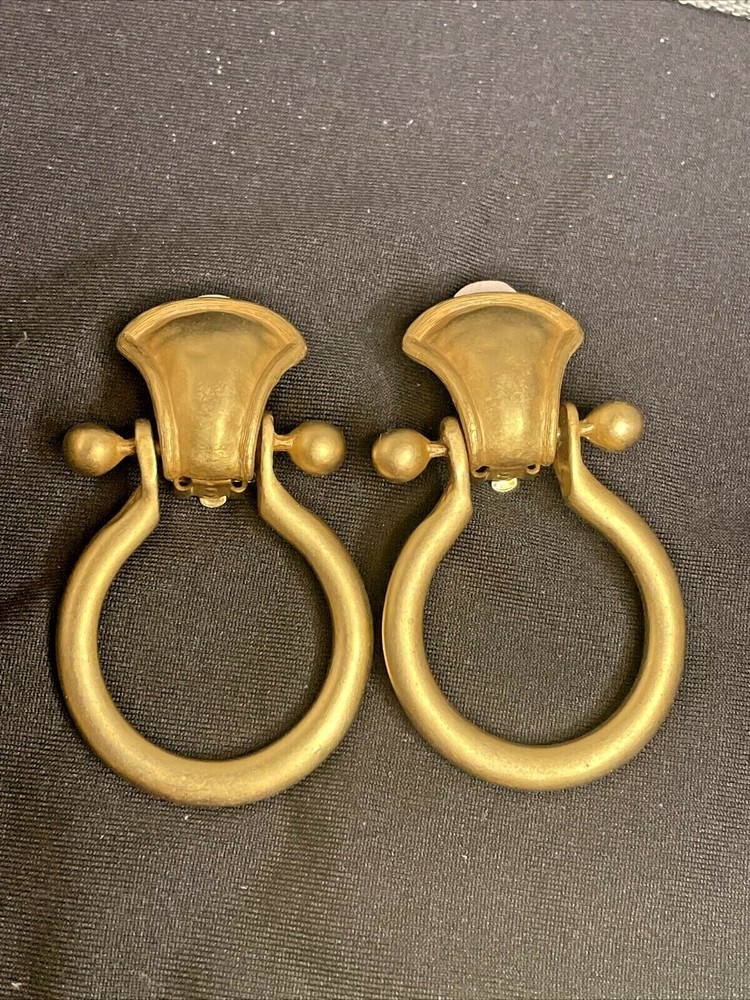 Vintage Matte Gold Tone Door Knocker donna Karen D.K.N.Y Clip On Earrings 1980s