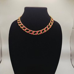 Vintage Gold Tone and Pink/Red Enamel Chunky Chain Link Choker Necklace