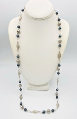 Vtg Signed Trifari Filigree Silver Tone Gray Faux Pearl Station Necklace 36 in